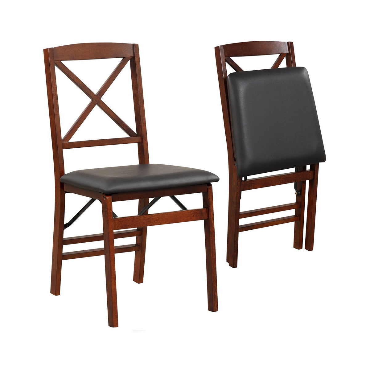 Set of 2 Folding X Back Dining Chairs, Espresso Rubber Wood with Black PVC Leather Seat, 400 lb
