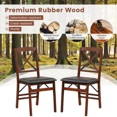 Set of 2 Folding X Back Dining Chairs, Espresso Rubber Wood with Black PVC Leather Seat, 400 lb