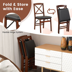 Set of 2 Folding X Back Dining Chairs, Espresso Rubber Wood with Black PVC Leather Seat, 400 lb