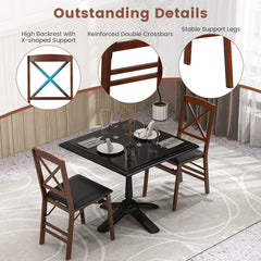 Set of 2 Folding X Back Dining Chairs, Espresso Rubber Wood with Black PVC Leather Seat, 400 lb