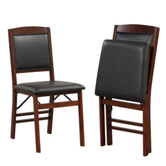 Set of 2 Folding Dining Chairs, Espresso Rubber Wood with Padded Black PU Leather Seat and Back