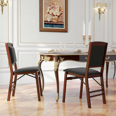 Set of 2 Folding Dining Chairs, Espresso Rubber Wood with Padded Black PU Leather Seat and Back