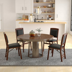 Set of 2 Folding Dining Chairs, Espresso Rubber Wood with Padded Black PU Leather Seat and Back