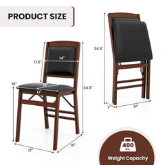 Set of 2 Folding Dining Chairs, Espresso Rubber Wood with Padded Black PU Leather Seat and Back