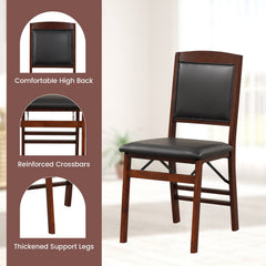 Set of 2 Folding Dining Chairs, Espresso Rubber Wood with Padded Black PU Leather Seat and Back