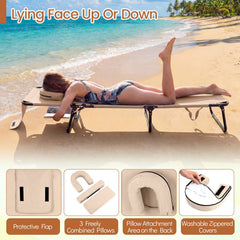 Set of 2 Folding Face Down Tanning Loungers with 6 Pillows, Beige
