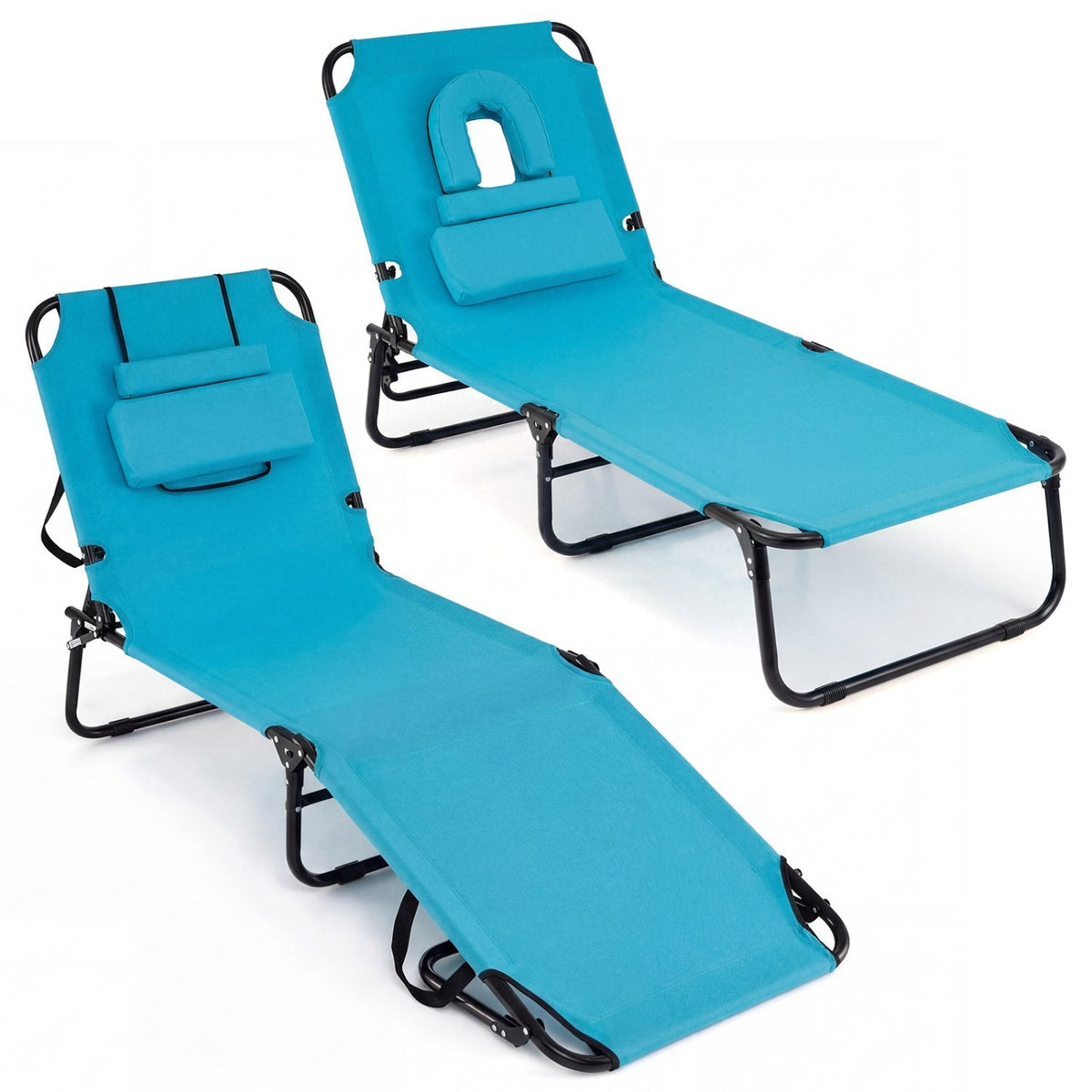 Set of 2 Folding Tanning Loungers with Face Holes and Flaps, Turquoise
