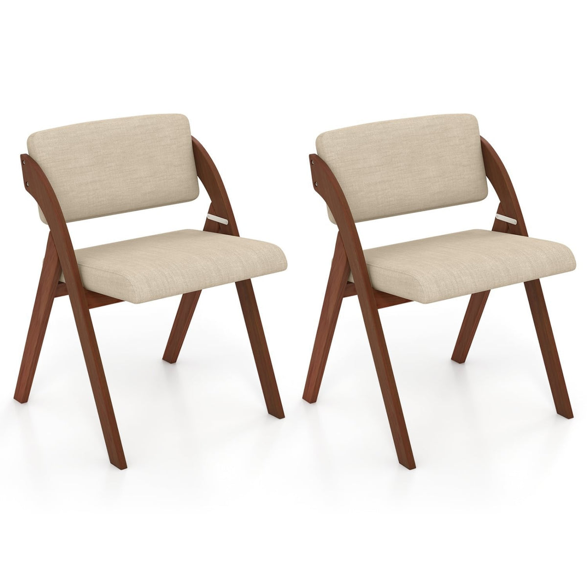 Set of 2 Folding Dining Chairs, Walnut Rubber Wood A Frame with Beige Padded Seat and Back