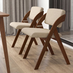 Set of 2 Folding Dining Chairs, Walnut Rubber Wood A Frame with Beige Padded Seat and Back