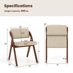 Set of 2 Folding Dining Chairs, Walnut Rubber Wood A Frame with Beige Padded Seat and Back