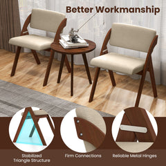Set of 2 Folding Dining Chairs, Walnut Rubber Wood A Frame with Beige Padded Seat and Back