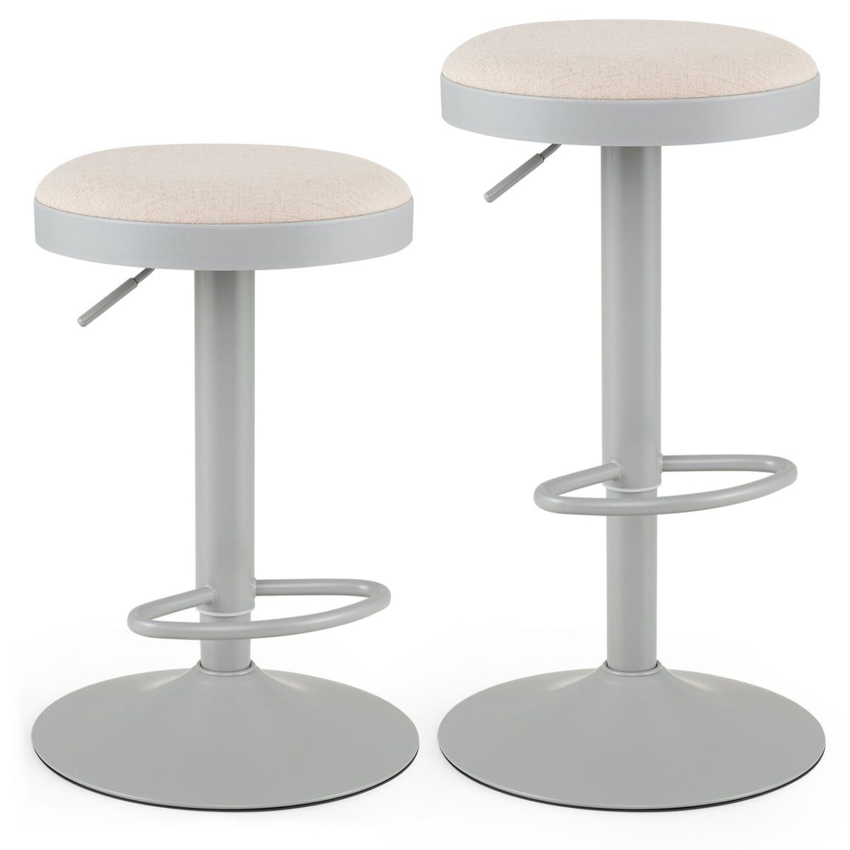 Set of 2 Backless Gas Lift Bar Stools in Grey Fabric with D Shaped Footrest, 23.5 to 32 Inch