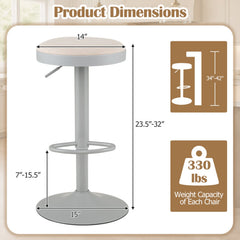 Set of 2 Backless Gas Lift Bar Stools in Grey Fabric with D Shaped Footrest, 23.5 to 32 Inch