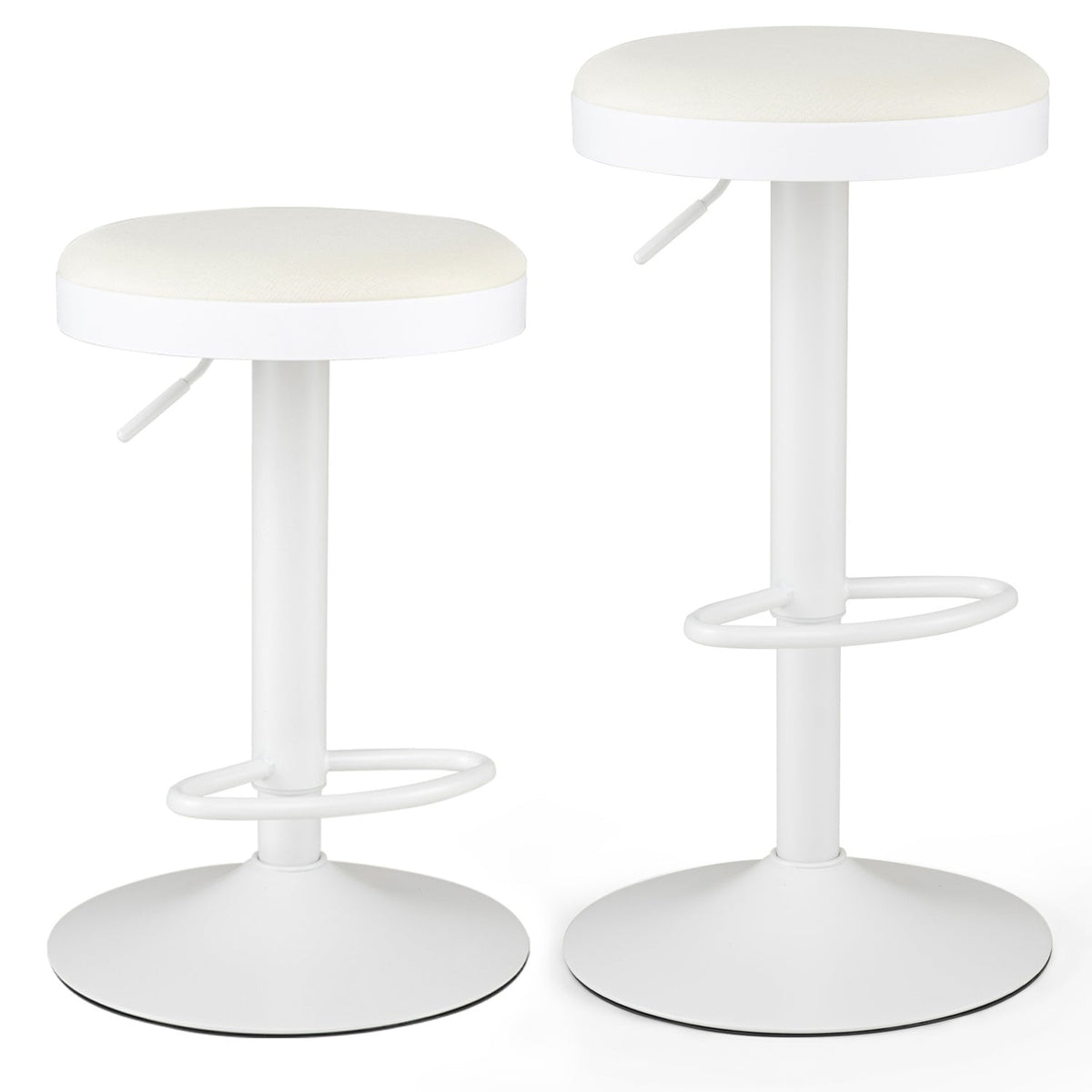 Set of 2 Backless Gas Lift Bar Stools in White Fabric with D Shaped Footrest, 23.5 to 32 Inch