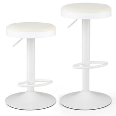 Set of 2 Backless Gas Lift Bar Stools in White Fabric with D Shaped Footrest, 23.5 to 32 Inch