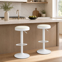 Set of 2 Backless Gas Lift Bar Stools in White Fabric with D Shaped Footrest, 23.5 to 32 Inch
