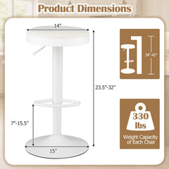Set of 2 Backless Gas Lift Bar Stools in White Fabric with D Shaped Footrest, 23.5 to 32 Inch