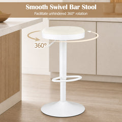 Set of 2 Backless Gas Lift Bar Stools in White Fabric with D Shaped Footrest, 23.5 to 32 Inch
