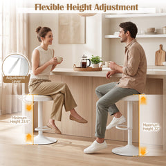 Set of 2 Backless Gas Lift Bar Stools in White Fabric with D Shaped Footrest, 23.5 to 32 Inch