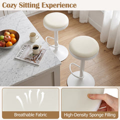Set of 2 Backless Gas Lift Bar Stools in White Fabric with D Shaped Footrest, 23.5 to 32 Inch