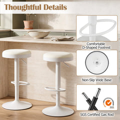 Set of 2 Backless Gas Lift Bar Stools in White Fabric with D Shaped Footrest, 23.5 to 32 Inch