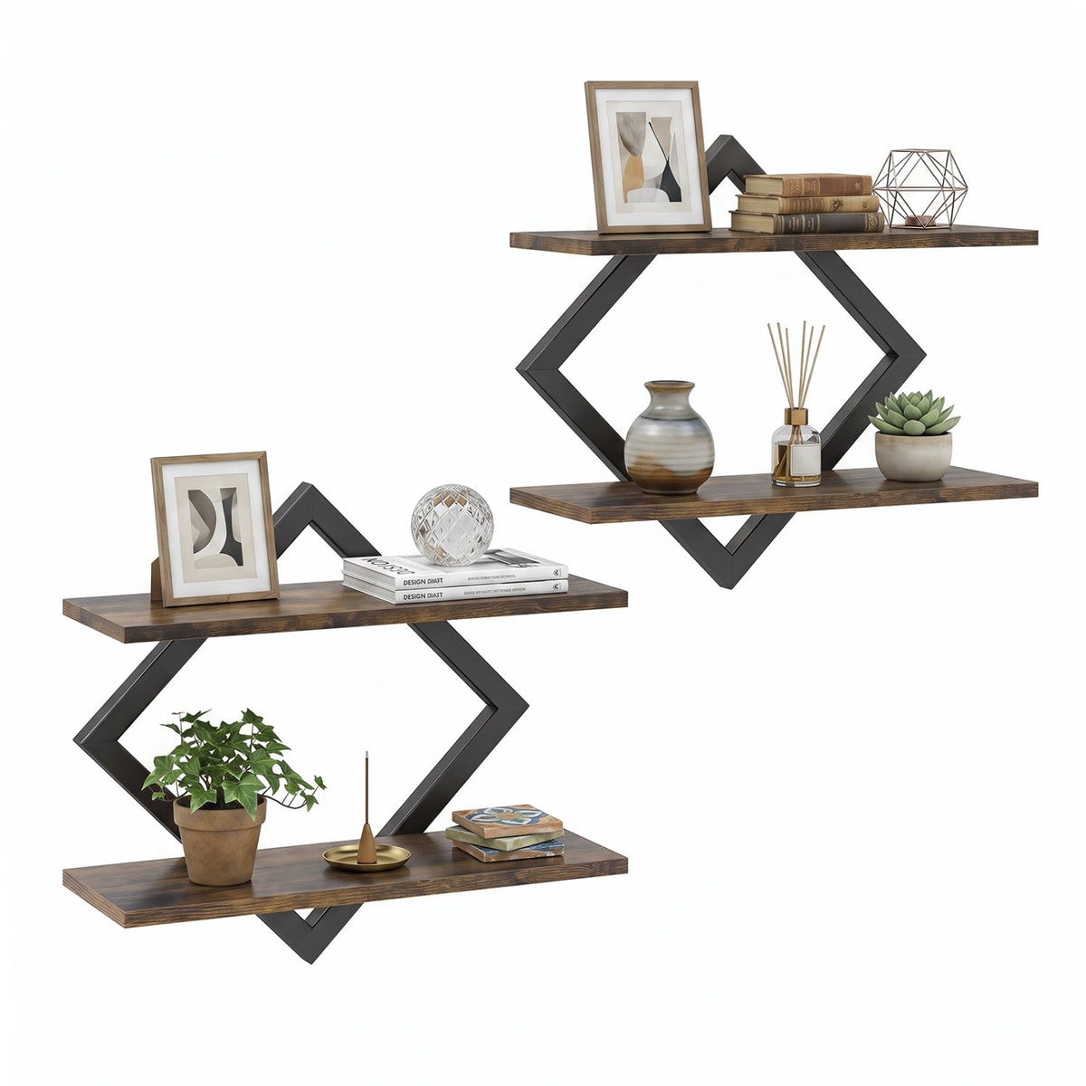 Set of 2 Metal Floating Shelves for Wall with Geometric Frame-Rustic Brown