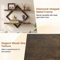 Set of 2 Metal Floating Shelves for Wall with Geometric Frame-Rustic Brown