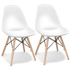 Set of 2 Mid Century Moulded Shell Dining Chairs, White with Beech Wood Eiffel Style Legs