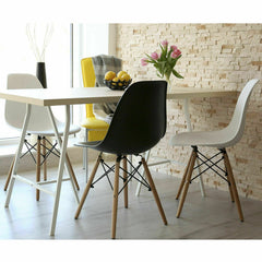 Set of 2 Mid Century Moulded Shell Dining Chairs, White with Beech Wood Eiffel Style Legs