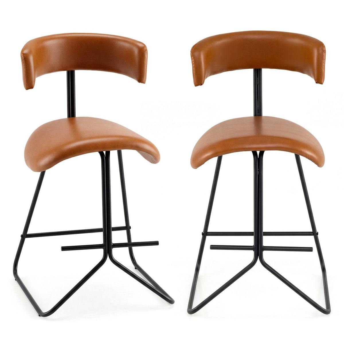 Set of 2 Counter Stools in Cognac Faux Leather with Open Curved Backs, 25 Inch Seat