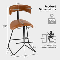Set of 2 Counter Stools in Cognac Faux Leather with Open Curved Backs, 25 Inch Seat