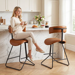 Set of 2 Counter Stools in Cognac Faux Leather with Open Curved Backs, 25 Inch Seat