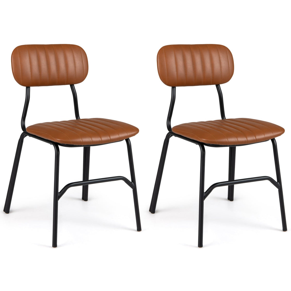 Set of 2 Modern Dining Chairs, Brown PU Leather with Black Metal Legs and Rivet Trimmed Edges