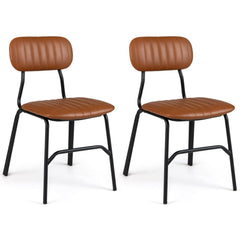 Set of 2 Modern Dining Chairs, Brown PU Leather with Black Metal Legs and Rivet Trimmed Edges