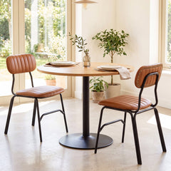 Set of 2 Modern Dining Chairs, Brown PU Leather with Black Metal Legs and Rivet Trimmed Edges