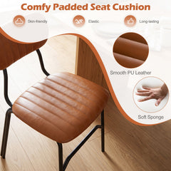 Set of 2 Modern Dining Chairs, Brown PU Leather with Black Metal Legs and Rivet Trimmed Edges