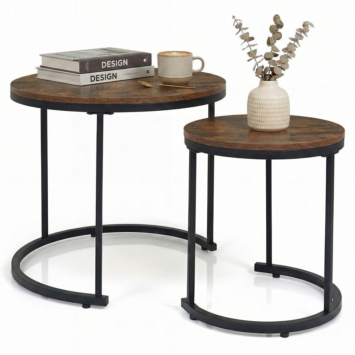 Set of 2 Round Nesting Coffee Tables, Rustic Brown Stacking Side Tables with Steel Frames
