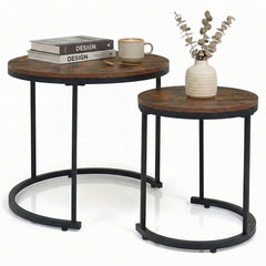 Set of 2 Round Nesting Coffee Tables, Rustic Brown Stacking Side Tables with Steel Frames