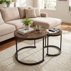 Set of 2 Round Nesting Coffee Tables, Rustic Brown Stacking Side Tables with Steel Frames
