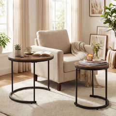 Set of 2 Round Nesting Coffee Tables, Rustic Brown Stacking Side Tables with Steel Frames