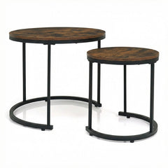 Set of 2 Round Nesting Coffee Tables, Rustic Brown Stacking Side Tables with Steel Frames