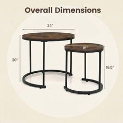 Set of 2 Round Nesting Coffee Tables, Rustic Brown Stacking Side Tables with Steel Frames