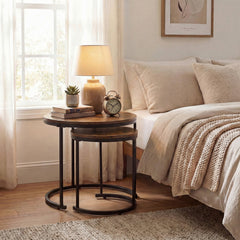 Set of 2 Round Nesting Coffee Tables, Rustic Brown Stacking Side Tables with Steel Frames