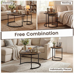 Set of 2 Round Nesting Coffee Tables, Rustic Brown Stacking Side Tables with Steel Frames