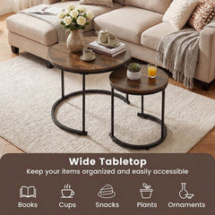 Set of 2 Round Nesting Coffee Tables, Rustic Brown Stacking Side Tables with Steel Frames