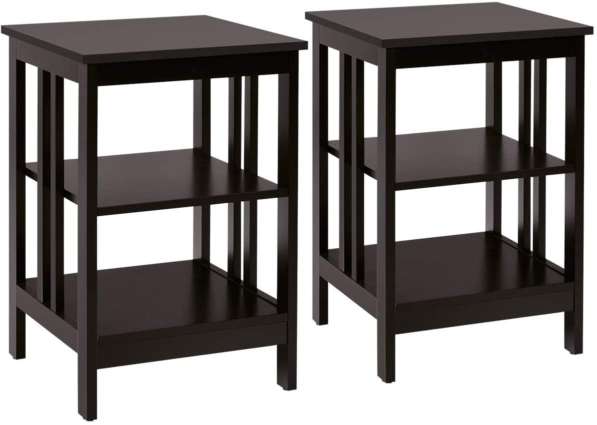 Set of 2 3 Tier Nightstands with Reinforced Side Bars, Dark Brown
