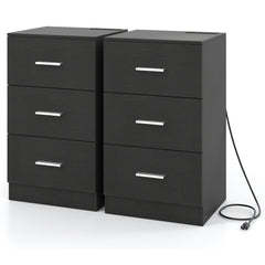 Set of 2 Nightstand with Charging Station End Table with 3 Storage Drawers Bedside Table for Bedroom-Black