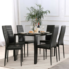 Set of 6 High Back Dining Chairs, Black Ribbed Faux Leather with Steel Legs