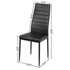 Set of 6 High Back Dining Chairs, Black Ribbed Faux Leather with Steel Legs