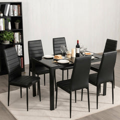 Set of 6 High Back Dining Chairs, Black Ribbed Faux Leather with Steel Legs